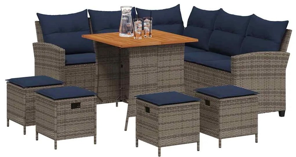6 részes szürke polyrattan kerti ülőgarnitúra párnákkal L-alakú