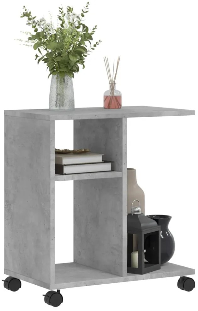 betonszürke szerelt fa kisasztal kerekekkel 50 x 30 x 55 cm