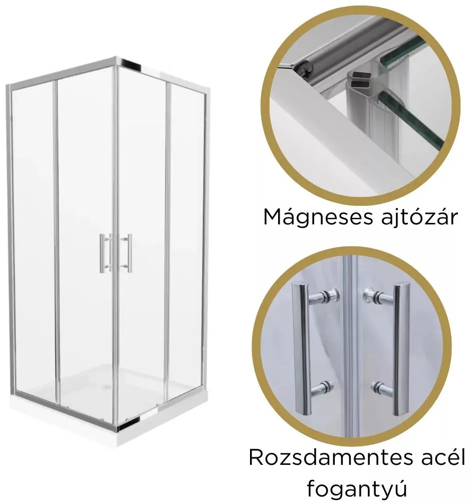 Elio 80x80 cm szögletes két tolóajtós zuhanykabin 6 mm vastag vízlepergető biztonsági üveggel, króm elemekkel, 190 cm magas