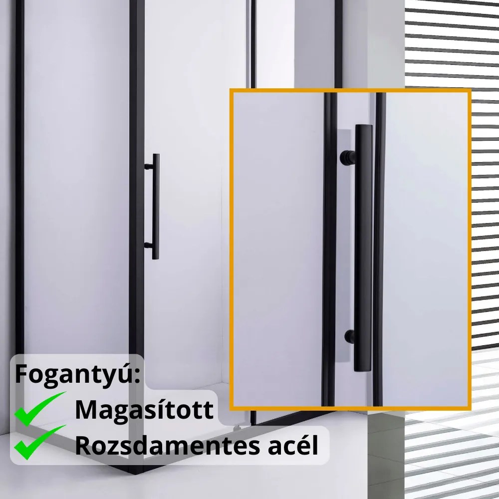 Stuxi Nizza Black 110x70 aszimmetrikus szögletes tolóajtós zuhanykabin 6 mm vízlepergető biztonsági üveggel, fekete elemekkel, 200 cm magas