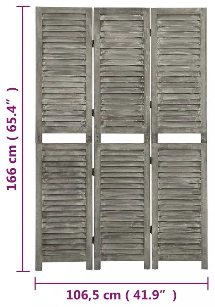 szürke 3 paneles tömör faparaván 106,5 x 166 cm