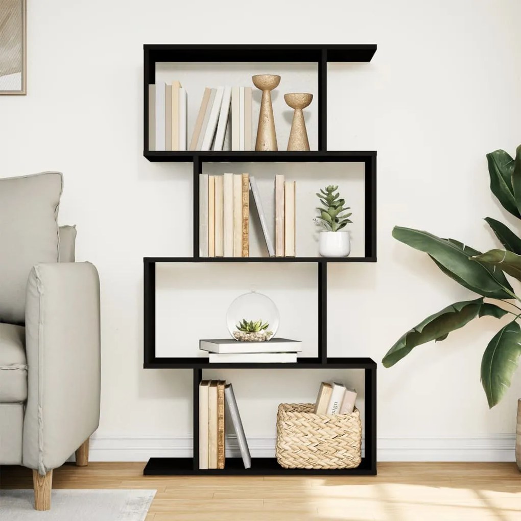 4 szintes fekete szerelt fa elválasztó könyvespolc 70x24x129 cm