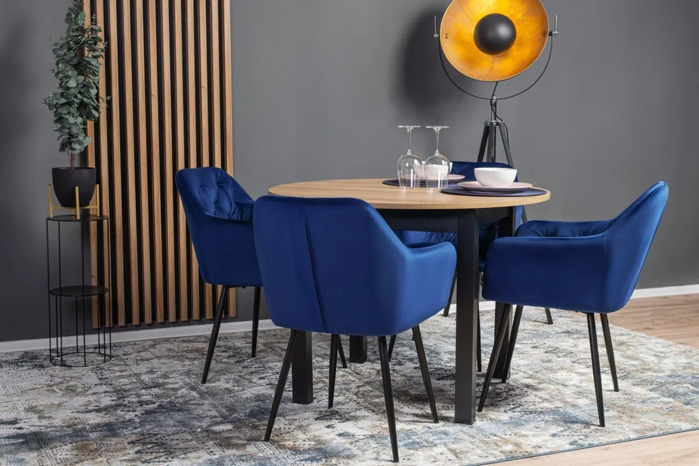 Étkezőgarnitúra: bővíthető asztal 102–142 cm + 4 db sötétkék velúr szék – HARRY / VIKI