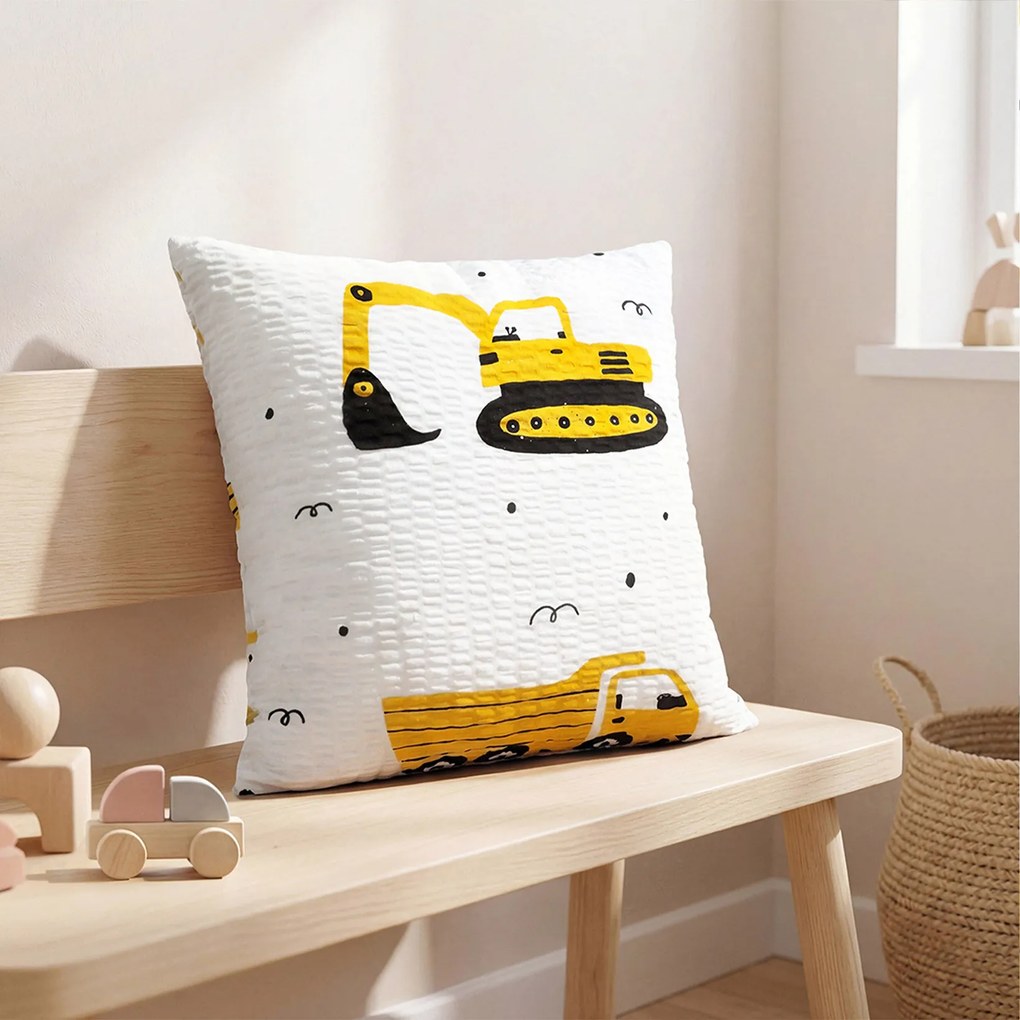 Goldea gyermek krepp párnahuzat - kotrógépek és építkezési eszközök 45 x 45 cm