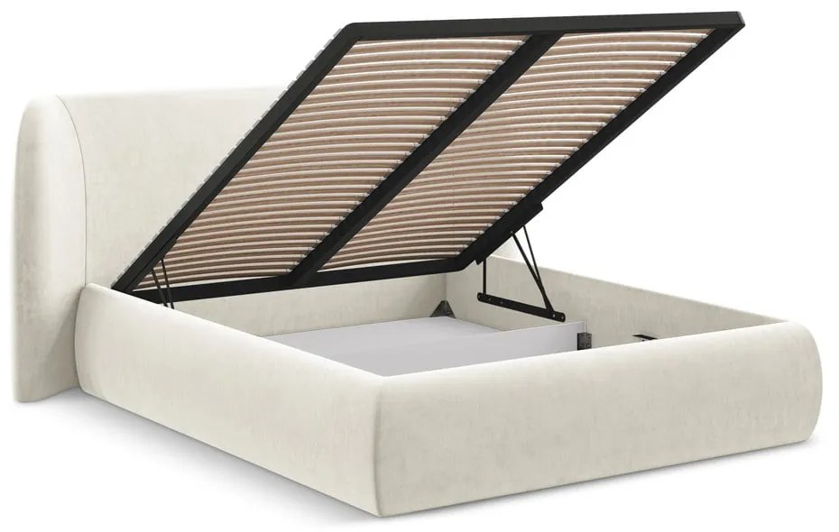 Krémszínű kárpitozott ágyneműtartós franciaágy ágyráccsal 140x200 cm Hauke – Makamii