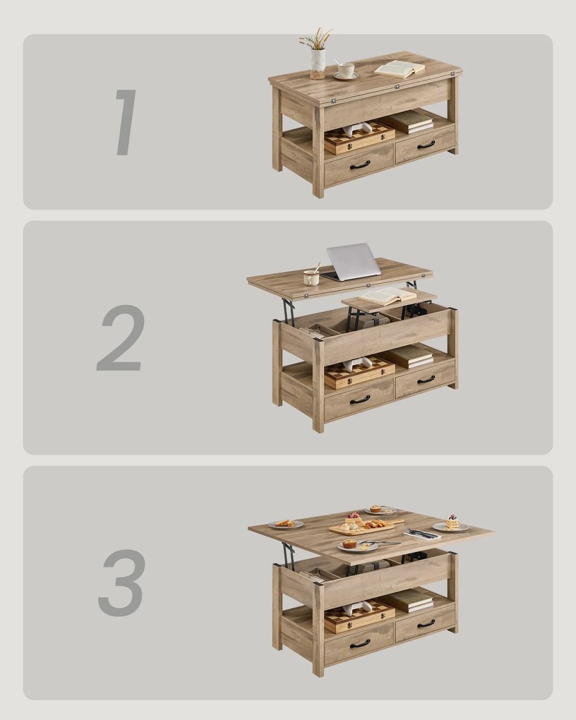 Emelhető tetejű dohányzóasztal, gázliftes, 2 fiókkal, teveszínű