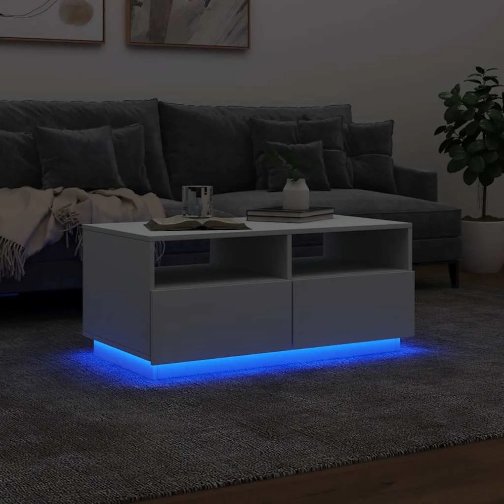 Fehér dohányzóasztal LED-lámpákkal 90x49x40 cm