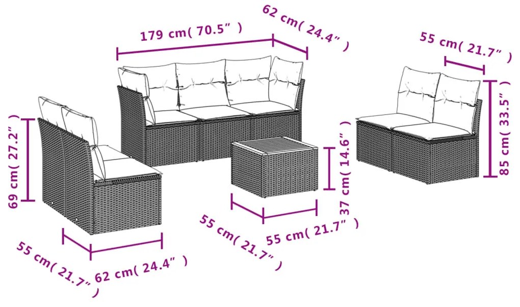 8 részes szürke polyrattan kerti ülőgarnitúra párnákkal