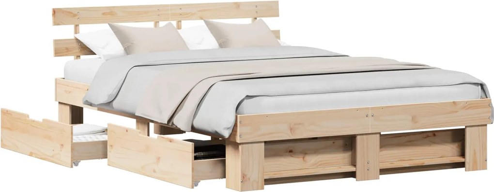 vidaXL Ágykeret fejtámlával fiókkal Barna 150 x 200 cm Tömör fenyőfa
