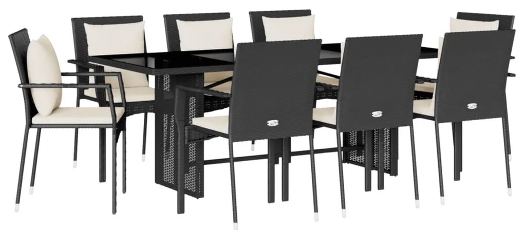 9 részes fekete polyrattan kerti étkezőgarnitúra párnákkal
