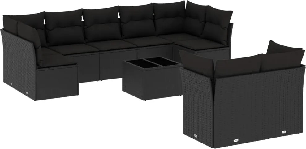 vidaXL 10 részes fekete polyrattan kerti ülőgarnitúra párnákkal