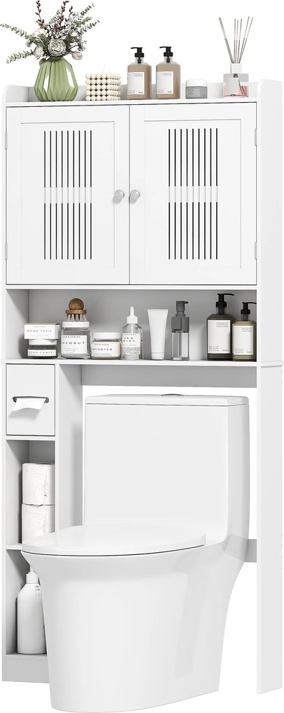 HOMCOM WC Felső Szekrény Fürdőszobai Fiókos Szekrény Állítható Polccal, 2 Ajtóval, WC Papír Tartóval és Nyitott Polcokkal | Aosom