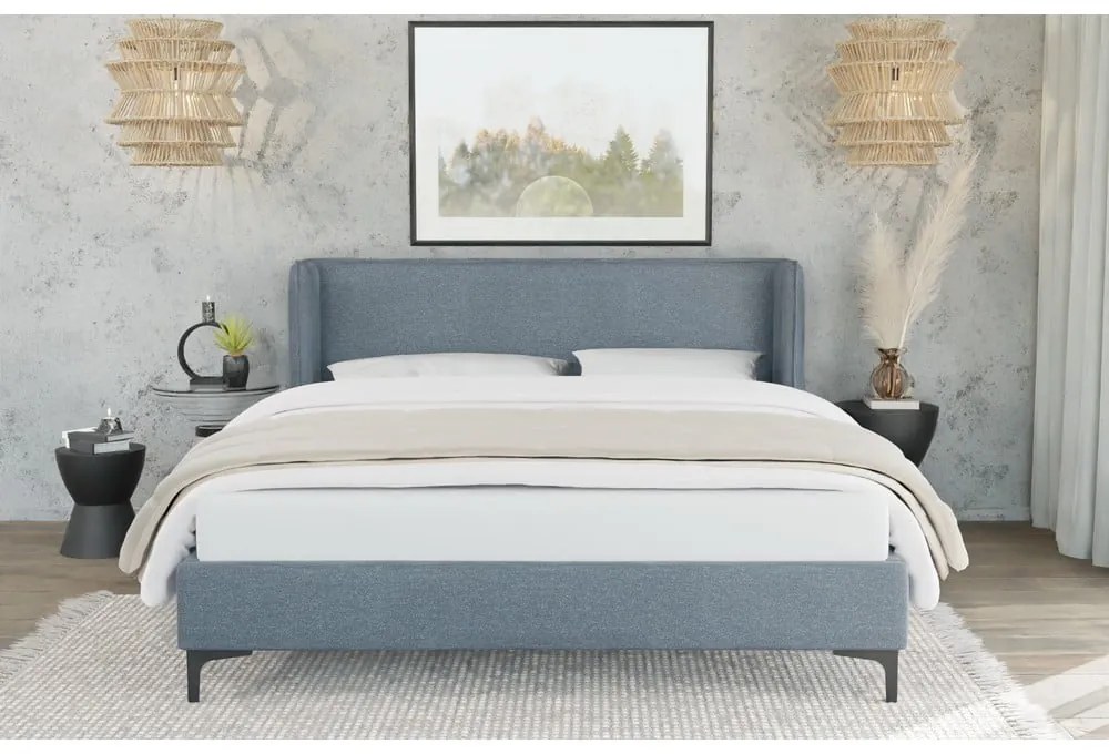 Kék kárpitozott franciaágy ágyráccsal 200x200 cm Basti – Ropez