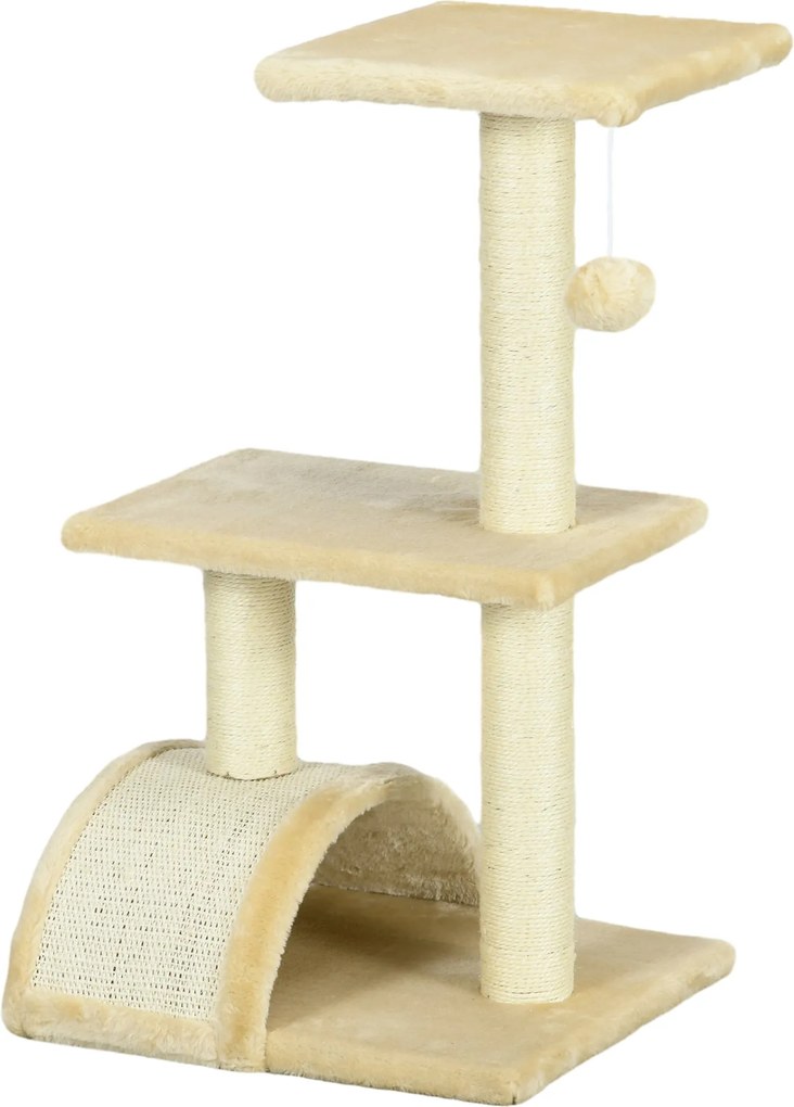 PawHut Macska Fája 72 cm MacskaTorony Plüss Labdákkal, Zsineg Oszlopokkal, Platformmal, Karmolós Lappal Több Szintes Karmolós MacskaFa, Mászófa Közepe