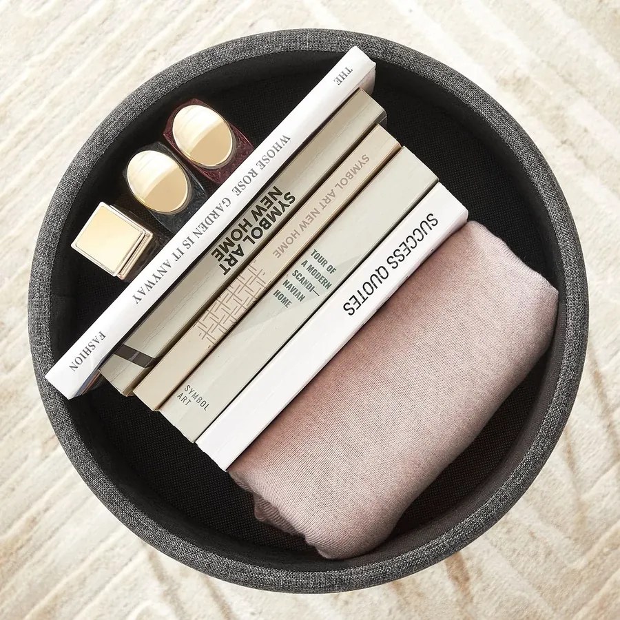 Puff, Kerek ülőke tárolóhellyel 31x43 cm ( (Ø x M), fém lábak, párnázott ülés, sötétszürke