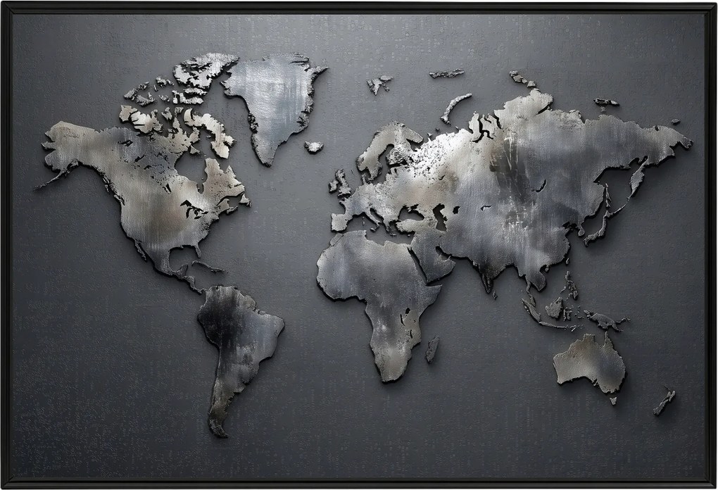 Poszter Alumínium Keret Világtérkép Fém Szürke Ipari Loft 60x40