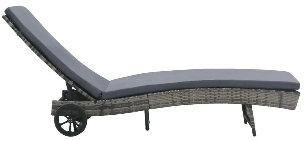 Antracitszürke polyrattan napozóágy kerekekkel és párnával