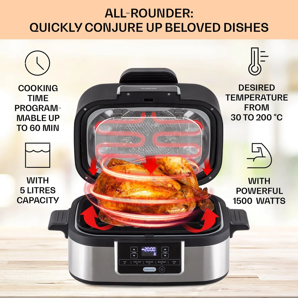 Klarstein Combo Air, forrólevegős fritőz grillel, 1500 W, 4,5 l grillkosár, 2,5 l sütőkosár, 5 program