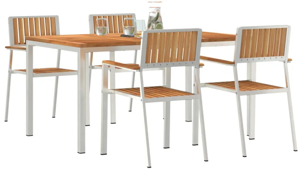 5 Részes Kerti Étkezőszett Tömör Fa Tikfa, Kültéri Étkezőasztal 150x90x75 cm Tömör Fa Tikfa, Rakásolható Kerti Székek 4 db Tömör Fa Tikfa és Fém