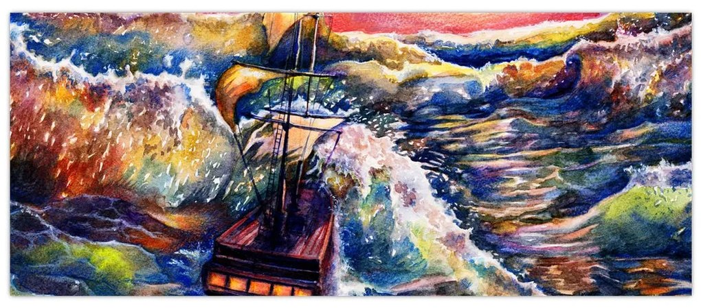 Kép - Hajó az óceán hullámain, aquarel (120x50 cm)