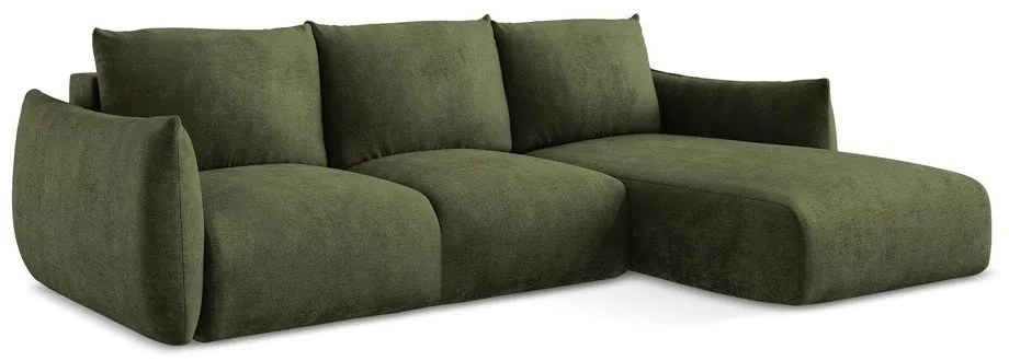Zöld zsenília kinyitható sarokkanapé (jobb oldali-heverő résszel) Leila – Makamii