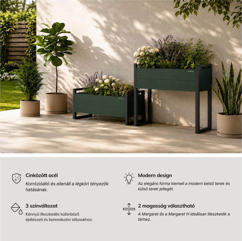 Magas fém virágcserép-burkolat, üvegzöld-antracit, 1000x1000x380 mm: MARGARET H
