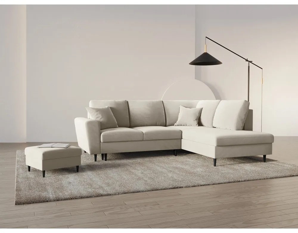 Bézs bársony kinyitható tárolóhelyes sarokkanapé (jobb oldali-L alakú) Kyoto – Cosmopolitan Design