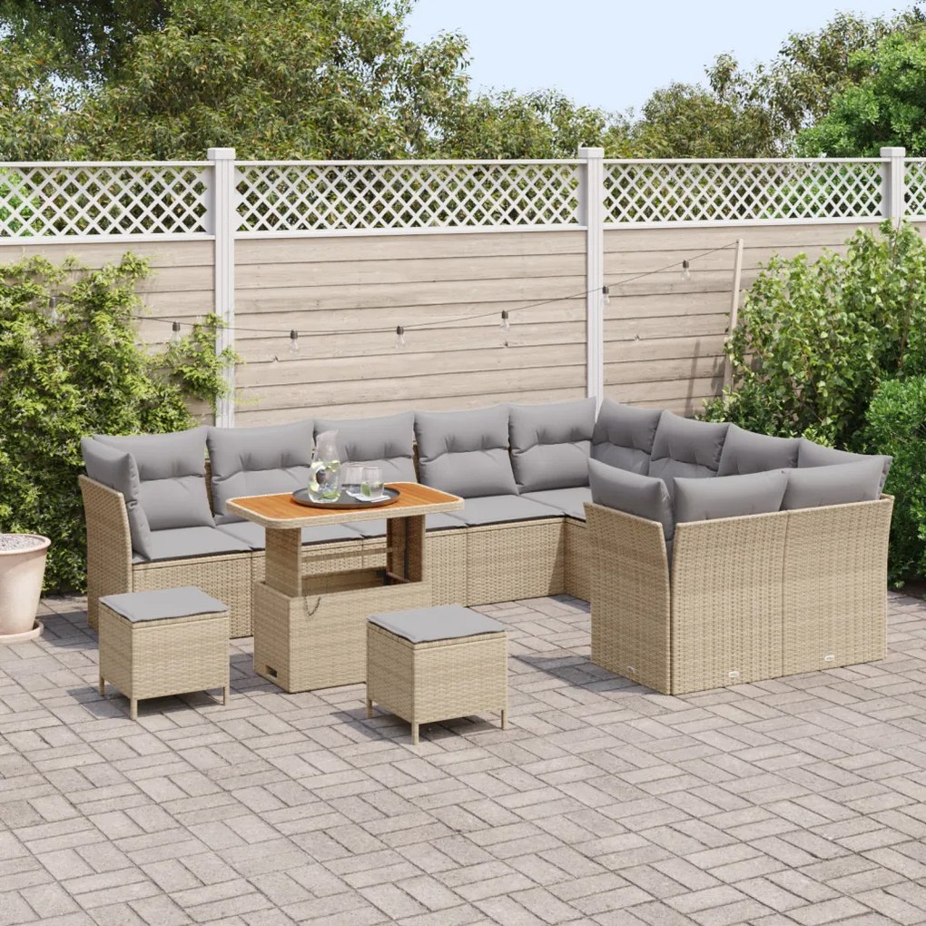 12 Darabos Kert Sofa Szett Párnákkal Bézs Poli Rattan Akácia
