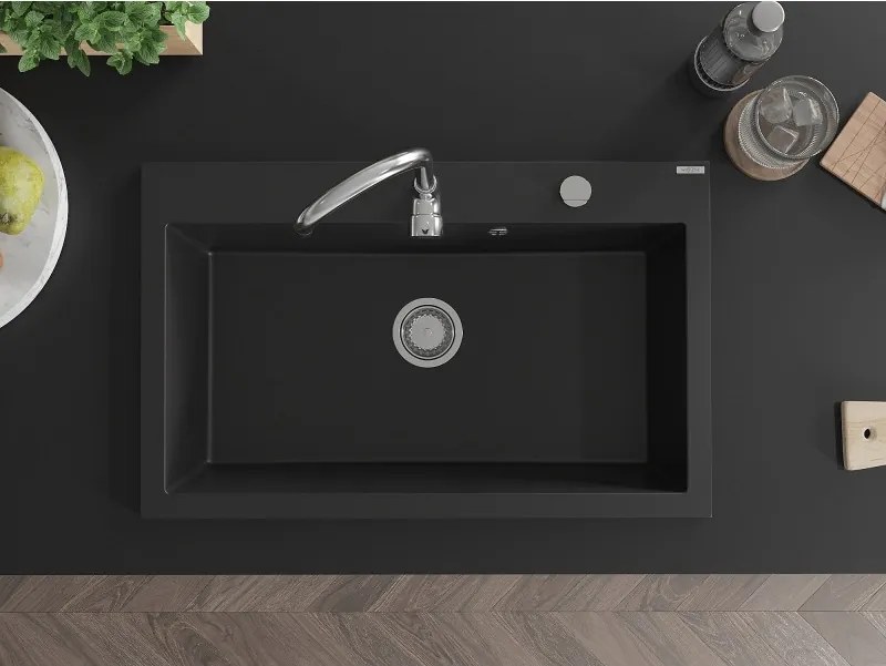 Mexen Elix gránit mosogató 1-medencés 800 x 500 mm, fekete, króm szifon - 6527801005-77