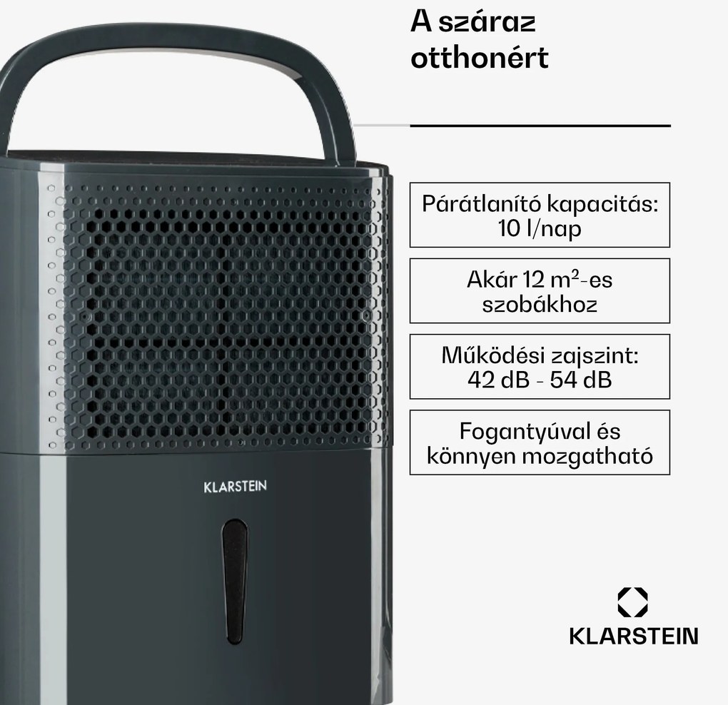 Klarstein Dryfy 10, páramentesítő, 240 W, 10 l/24 h, 100 m³/h, 15 - 20 m², dryselect, 40 dB, szürke