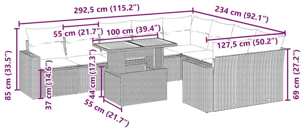 10 részes bézs polyrattan kerti ülőgarnitúra párnával