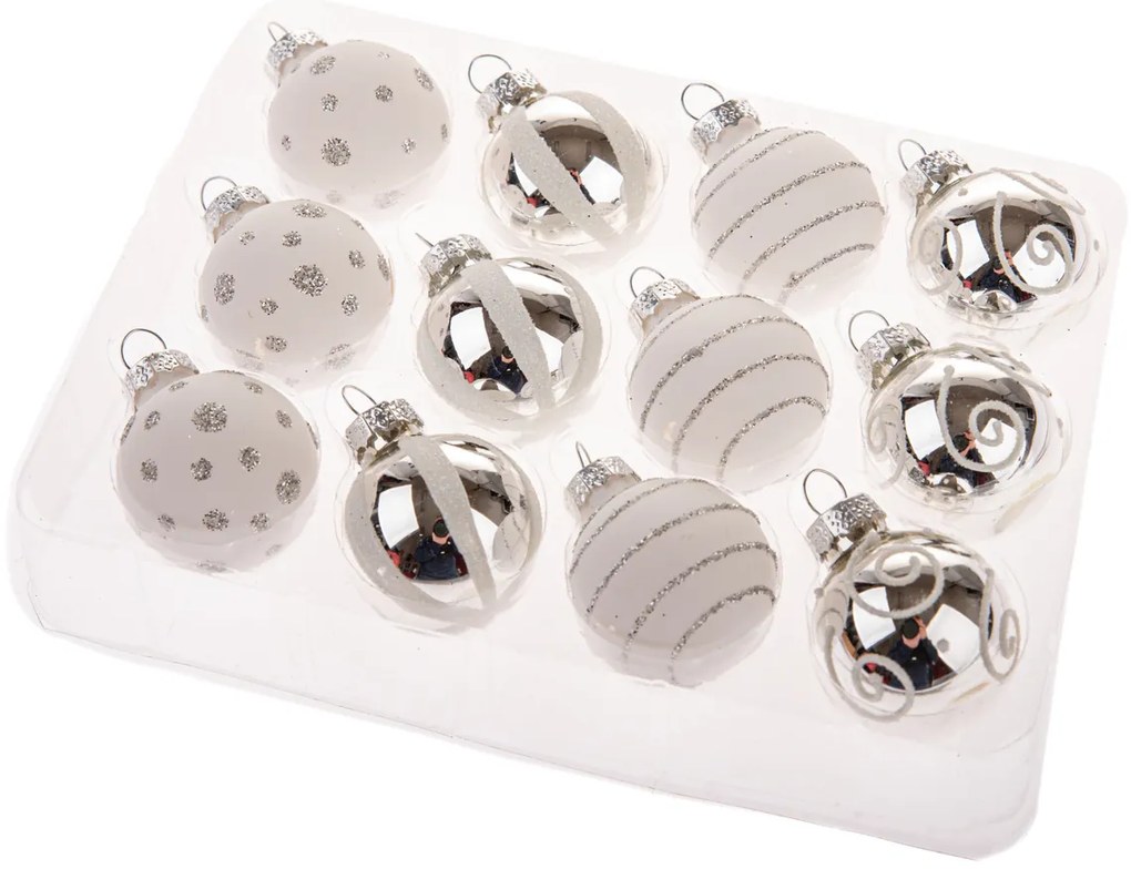 Glimmer Collection üvegdíszek, ezüst és fehér, 12db, átmérő 3 cm