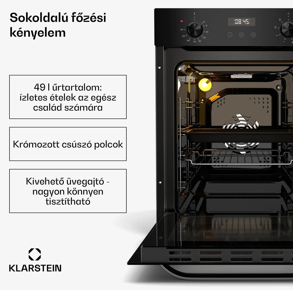 Klarstein SmartSlim sütő, Slim kivitel, 9 funkció, 49 l térfogat, könnyű tisztítás, EEK A