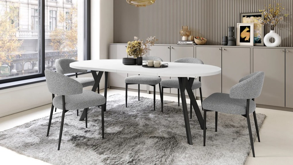 Mazzoni ALMO Fehér Matt/fekete lábak - BŐVÍTHETŐ KEREK ASZTAL Y ALAKÚ LÁBAKKAL LOFT/IPARI STÍLUSÚ NAPPALIBA/ÉTKEZŐBE