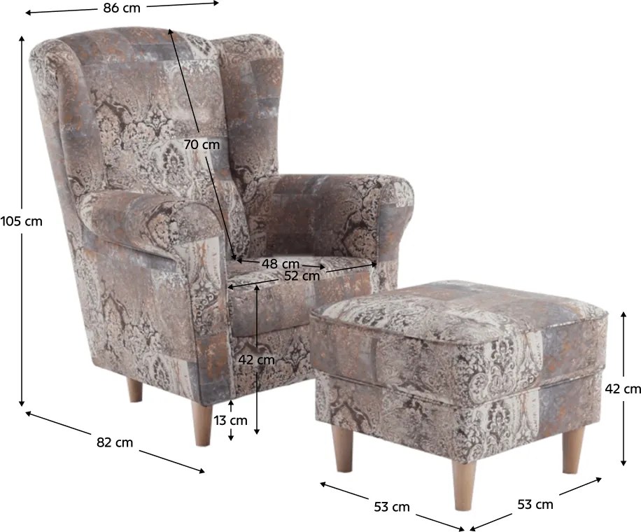 Füles fotel puffal, szövet vintage minta, ASTRID