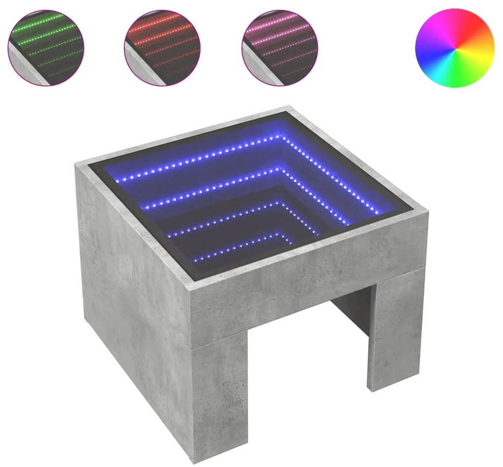 Betonszürke végtelen hatású LED-es dohányzóasztal 40x40x30 cm