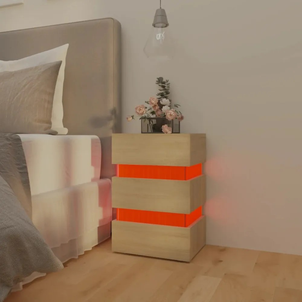 sonoma tölgy színű szerelt fa LED-es éjjeliszekrény 45x35x67 cm