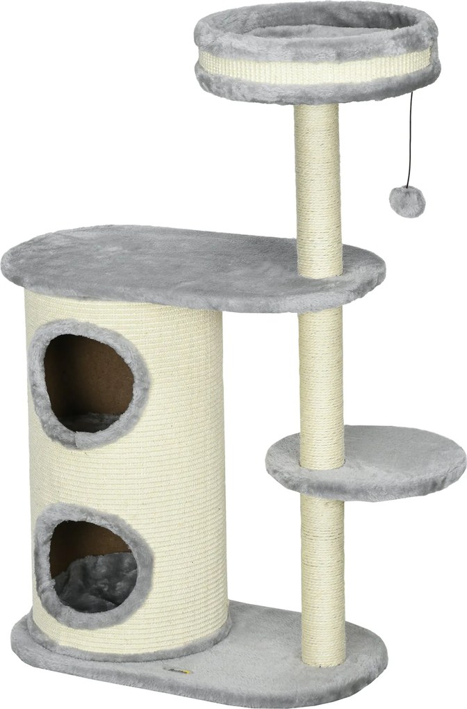 PawHut Macska Fa, 100 cm, Mászófa Kaparóoszloppal, Macska Kaparó Sziszál Oszloppal és Játék Labdával, Macska Bútor Párnával, Plüss, Szürke | Aosom