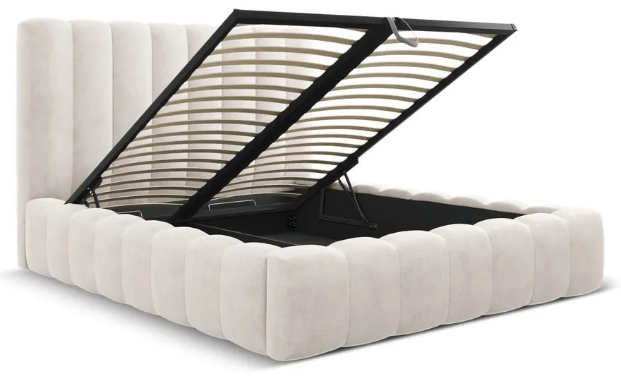 Krémszínű kárpitozott ágyneműtartós franciaágy ágyráccsal 200x200 cm Kelp – Micadoni Home
