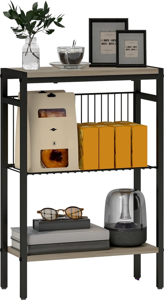 HOMCOM Keskeny 3-Szintes Oldalsó Asztal Ipari Stílusú, Nyitott Polcokkal és Acél Szerkezettel, Nappaliba és Hálószobába 43x18x62.5 cm Szürke | Aosom