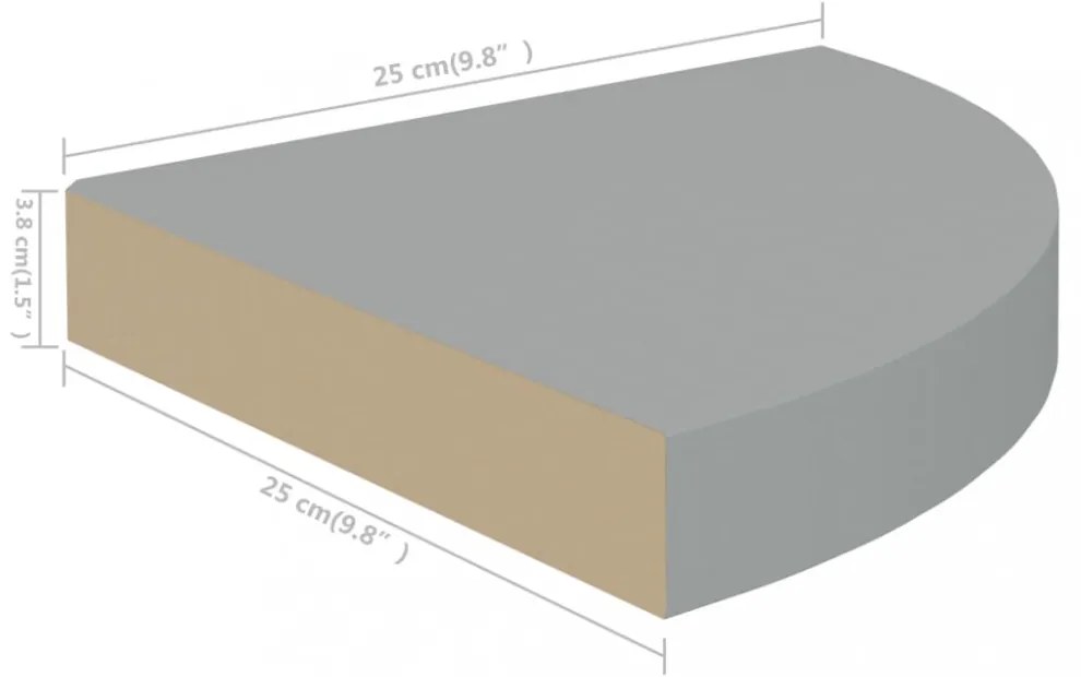 2 db szürke MDF lebegő sarokpolc 25 x 25 x 3,8 cm