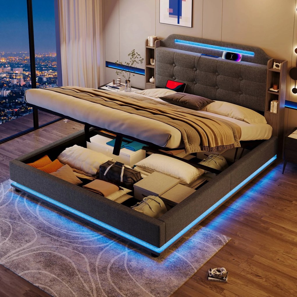 Kárpitozott ágy, 140*200 cm Dupla ágy Hidraulikus Usb+c típus szürke