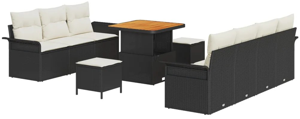 10 darabos Kerti Szófa Szett Párnával Fekete Poli Rattan Akácia, 2 személyes Kerti Szófa Párnával Fekete Poli Rattan, 3 darabos Kerti Étkező Szett Párnával Fekete Poli Rattan Akácia