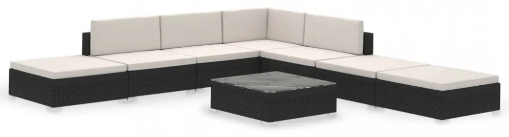 8-részes fekete polyrattan kerti bútorszett párnákkal