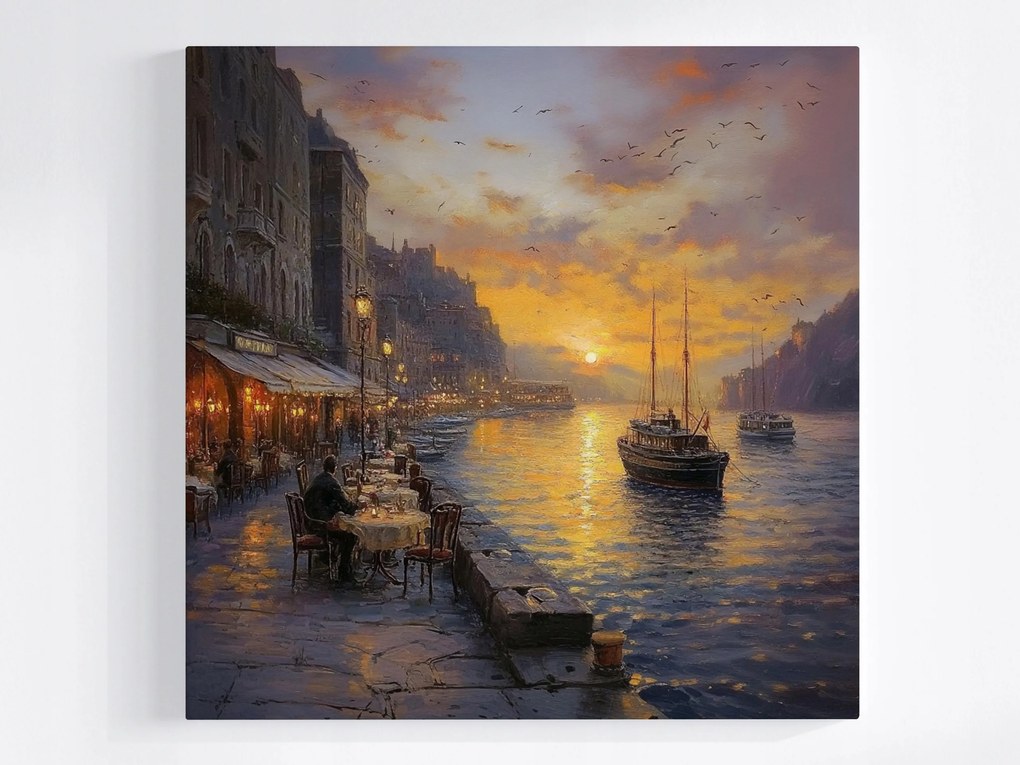 Vászonkép Canvas Város Sétány Csatorna Víz Hajók Kávézó 40x40