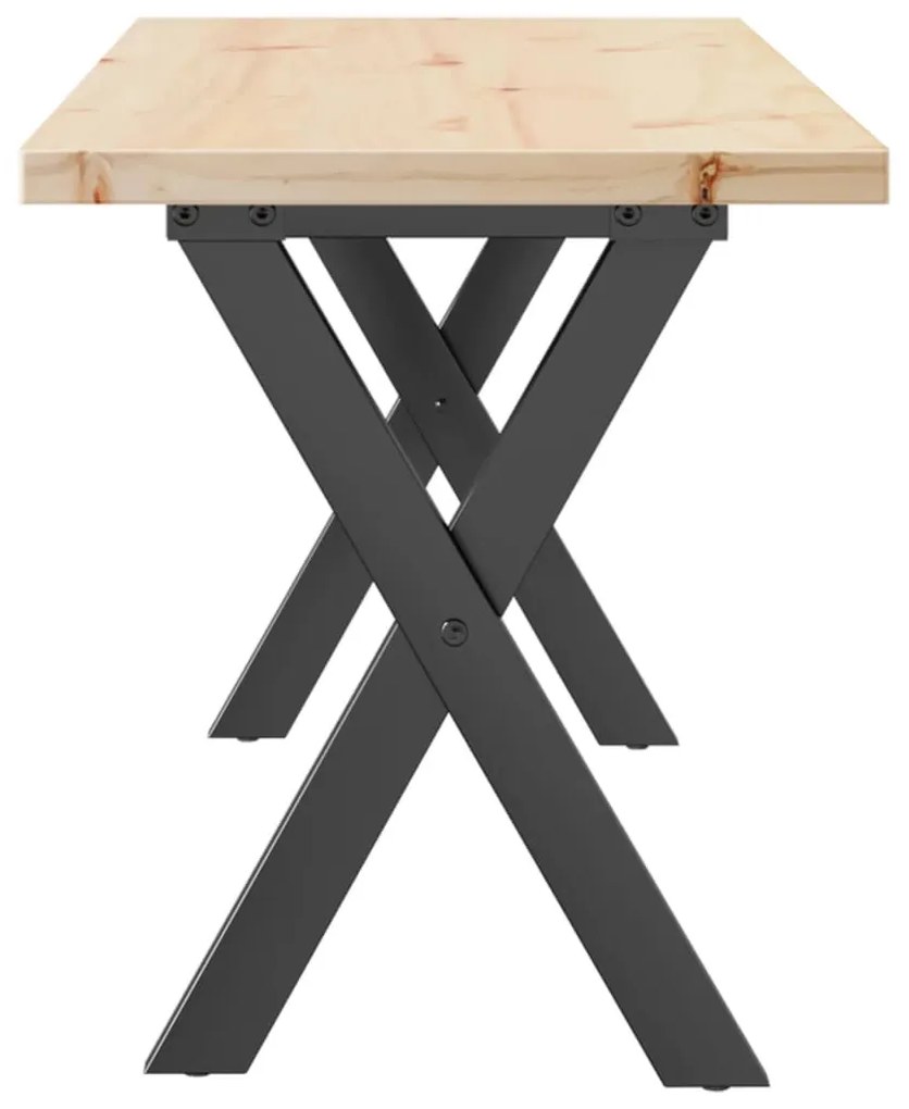 Tömör fenyőfa és acél X-vázú dohányzóasztal 110x40x45,5 cm