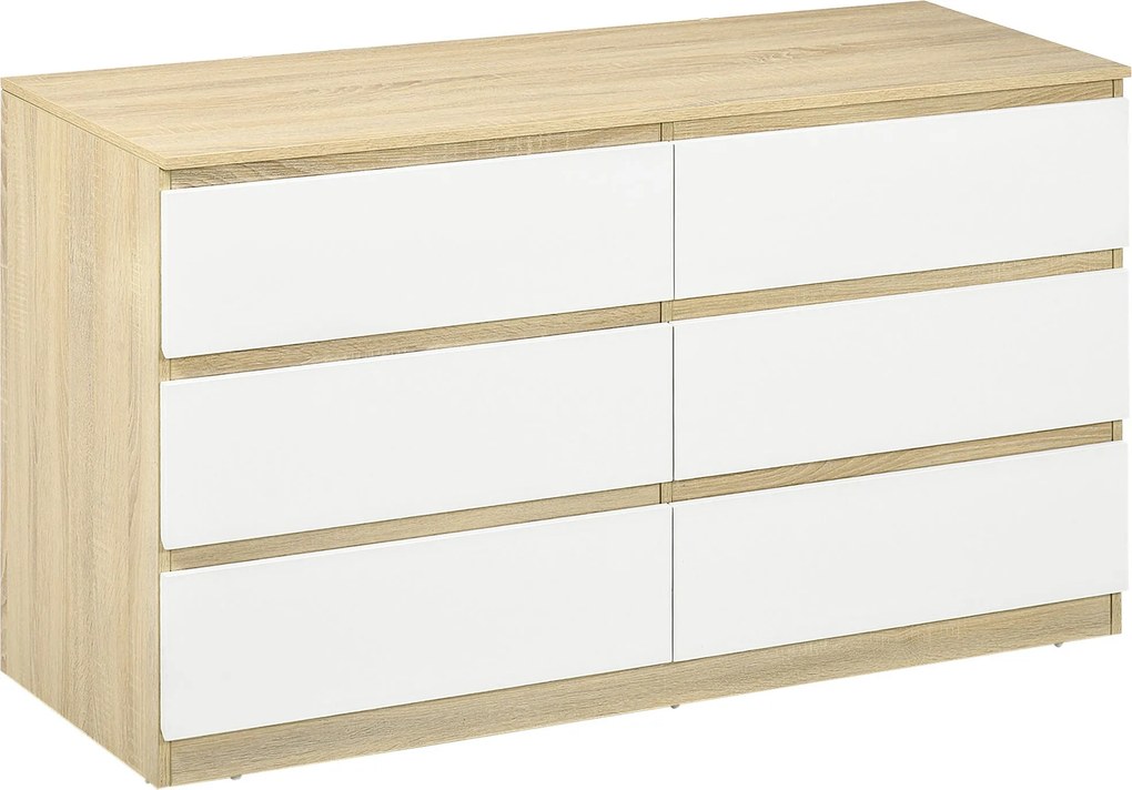 HOMCOM Modern, 6 Fiókos Fa Szekrény, Hálószobai Székény 135x48x77cm, Fehér és Fa | Aosom