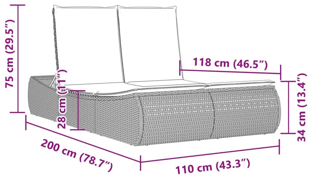 fekete polyrattan dupla napozóágy párnával