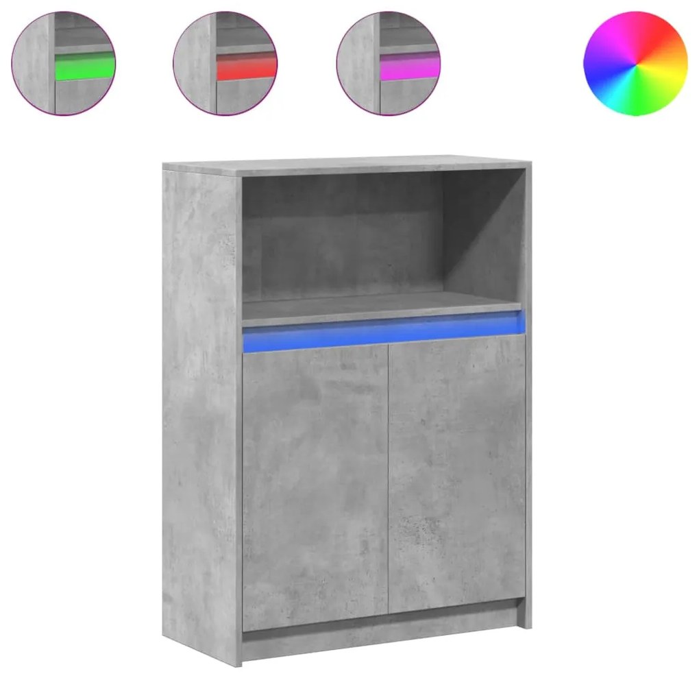 betonszürke szerelt fa tálalószekrény LED-del 72x34x100 cm