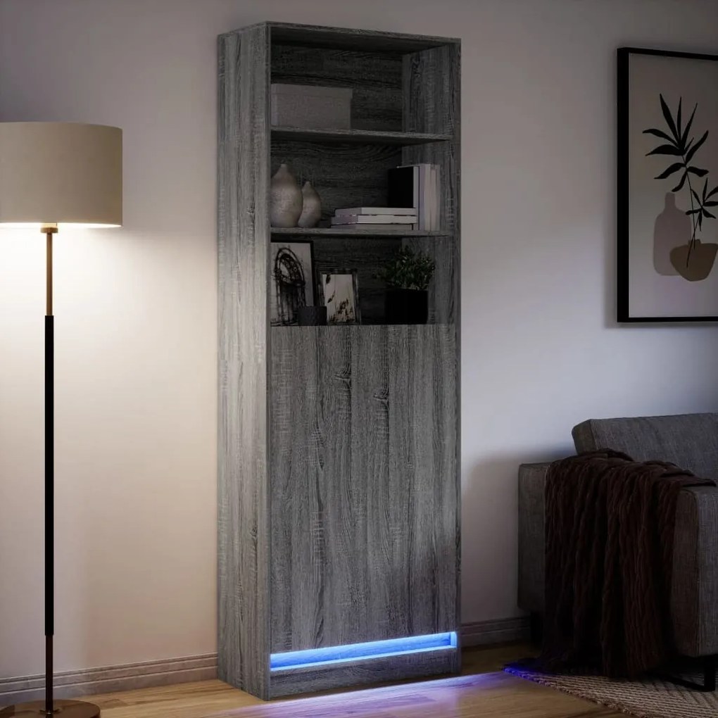 szürke sonoma szerelt fa magasszekrény LED-ekkel 69x32,5x200 cm